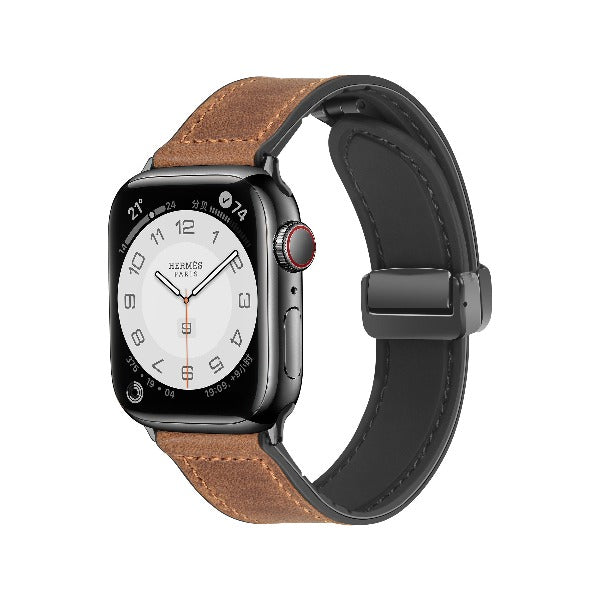 Leather Silicone Magnetic Folding Buckle Band For Apple Watch